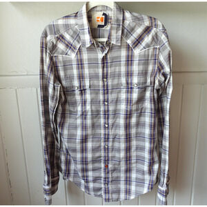 Hugo Boss Orange Shirt Mens Medium Gray Blue Plaid Western Pearl Snap Linen